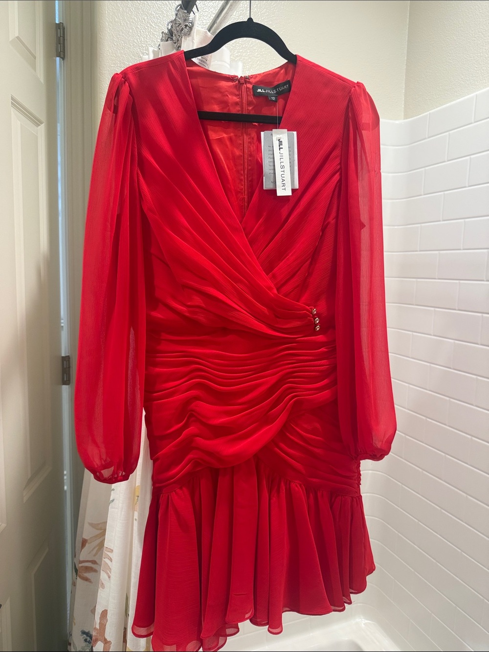 Jill Stuart Red Long Sleeve Draped Chiffon Cocktail Dress